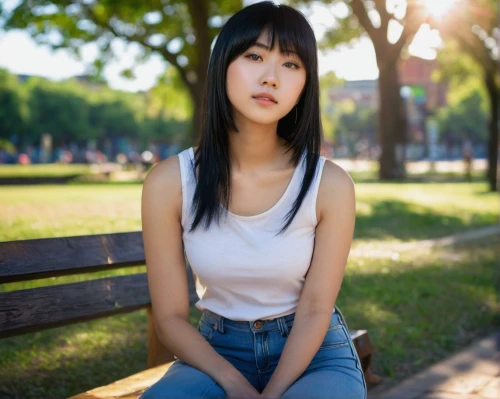 asian girl,asian woman,girl sitting,asian semi-longhair,japanese woman,asian,japanese idol,miso,relaxed young girl,girl in a long,vintage asian,park bench,girl in t-shirt,woman sitting,korean,azusa nakano k-on,hinata,yang,jin deui,oriental girl,Art,Classical Oil Painting,Classical Oil Painting 14