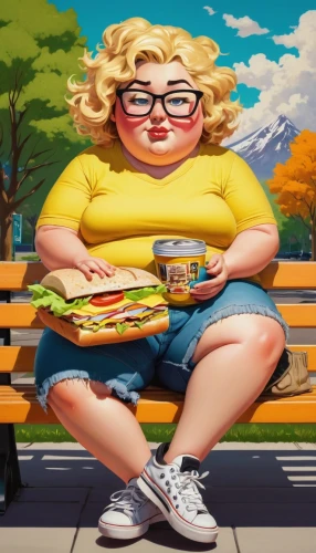 woman eating apple,woman holding pie,woman with ice-cream,girl with cereal bowl,girl with bread-and-butter,girl sitting,gordita,woman at cafe,woman sitting,appetite,diet icon,yellow purse,blonde woman reading a newspaper,plus-size model,deli,park bench,plus-size,blonde woman,fat,keto,Illustration,Retro,Retro 10