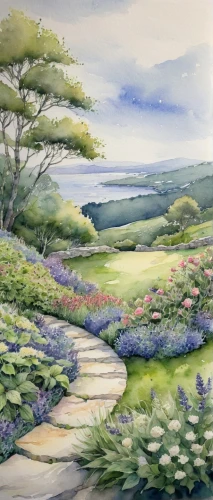 brook landscape,meadow in pastel,watercolor background,towards the garden,lavender field,blooming field,salt meadow landscape,purple landscape,green meadows,watercolour,small landscape,pathway,hare field,home landscape,landscape,panoramic landscape,orchard meadow,lavender fields,farm landscape,meadow landscape,Illustration,Paper based,Paper Based 15