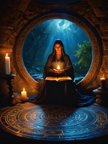 divination,fantasy picture,fortune telling,mystical portrait of a girl,woman at the well,candlemaker,shamanism,fortune teller,sorceress,fantasy art,magic book,woman praying,spell,fantasy portrait,shamanic,magic grimoire,sci fiction illustration,praying woman,the enchantress,wishing well,Conceptual Art,Fantasy,Fantasy 05