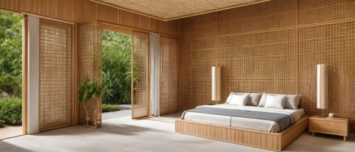 bamboo curtain,bamboo plants,japanese-style room,patterned wood decoration,hawaii bamboo,wooden sauna,room divider,bamboo,wooden shutters,bamboo frame,bamboo forest,canopy bed,sleeping room,rattan,junshan yinzhen,wooden wall,cabana,modern room,laminated wood,sisal,Interior Design,Bedroom,Japanese,Bamboo Style