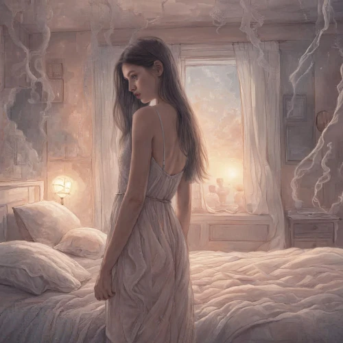 nightgown,girl in bed,the girl in nightie,woman on bed,sweetener,mystical portrait of a girl,bedroom,sleepwalker,girl in a long dress,bed,romantic portrait,honeymoon,nightwear,la violetta,mosquito net,girl in cloth,insomnia,sleeping room,four-poster,dreamy