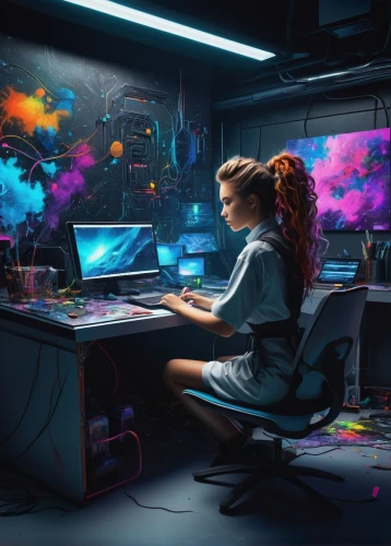 girl at the computer,sci fiction illustration,women in technology,world digital painting,computer art,working space,cyberpunk,computer addiction,girl studying,computer room,night administrator,computer workstation,creative office,computer,work space,workspace,illustrator,game illustration,computer freak,computer game,Photography,Documentary Photography,Documentary Photography 16