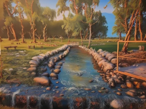water spring,mountain spring,a small waterfall,oasis,a river,brook landscape,fountain pond,water flowing,village fountain,water channel,jordan river,colored pencil background,running water,river landscape,wishing well,garden pond,flowing creek,japanese zen garden,water feature,log bridge,Illustration,Paper based,Paper Based 04