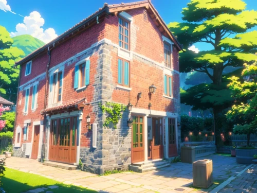 violet evergarden,studio ghibli,euphonium,apartment house,red brick,victorian house,red bricks,old town house,townhouses,pub,brownstone,wine tavern,brick house,beautiful home,crooked house,tearoom,little house,country house,flower shop,tenement,Anime,Anime,Traditional