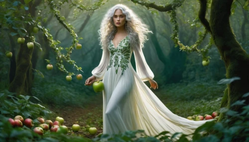 dryad,faerie,faery,the enchantress,fairy queen,fantasy picture,celtic woman,green apples,apple tree,green apple,fairy forest,fantasy art,wild apple,enchanted forest,garden of eden,fairy tale character,sorceress,golden apple,elven forest,mother nature,Illustration,Paper based,Paper Based 21