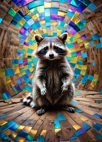 raccoon,rocket raccoon,north american raccoon,raccoons,anthropomorphized animals,hedgehog,kaleidoscope art,badger,amur hedgehog,stained glass pattern,color rat,psychedelic art,cubism,creative background,colored pencil background,whimsical animals,geometrical animal,blotter,checkered background,colourful pencils