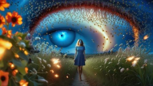 fantasy picture,cosmic eye,alice in wonderland,photomanipulation,wonderland,fantasy art,mystical portrait of a girl,alice,psychedelic art,3d fantasy,surrealism,wormhole,mirror of souls,the mystical path,imagination,antasy,portals,cosmos field,fairy peacock,dream world,Photography,General,Realistic