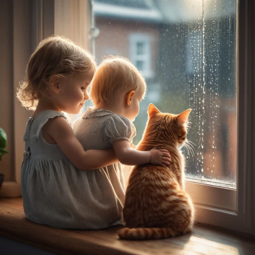 little boy and girl,tenderness,cat lovers,rain on window,vintage boy and girl,little girl and mother,innocence,windowsill,two friends,best friends,beautiful moment,rainy day,boy and girl,childhood friends,window sill,cat love,girl and boy outdoor,golden rain,affection,childs,Photography,General,Cinematic
