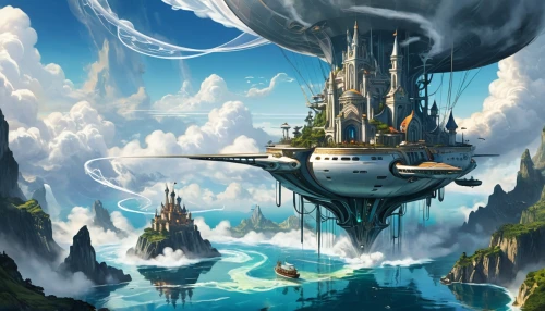 fantasy landscape,futuristic landscape,fantasy city,fantasy world,3d fantasy,fantasy picture,fantasy art,floating island,sea fantasy,water castle,floating islands,imperial shores,airships,ancient city,heroic fantasy,atlantis,fairy world,artificial island,sci fiction illustration,dream world,Conceptual Art,Sci-Fi,Sci-Fi 24