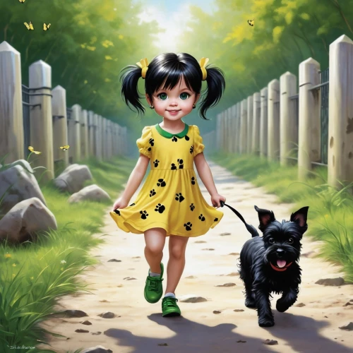 girl with dog,scottish terrier,affenpinscher,english toy terrier,pet black,cute cartoon image,toy manchester terrier,little girl running,dog illustration,cute cartoon character,green animals,schnauzer,schipperke,little boy and girl,boston terrier,little girls walking,children's background,kids illustration,gothic portrait,walking dogs,Conceptual Art,Fantasy,Fantasy 29