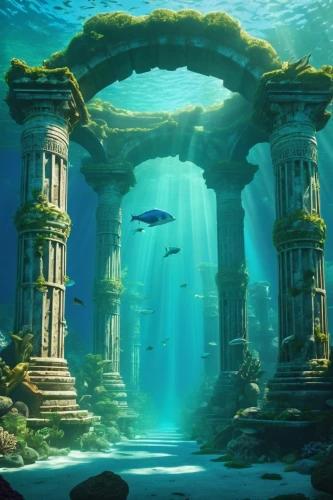 underwater oasis,underwater landscape,atlantis,ancient city,underwater background,sunken church,artemis temple,underwater playground,pillars,the ancient world,aquarium,underwater world,ocean underwater,egyptian temple,ocean floor,undersea,coral reef,submerged,temple of poseidon,aqua studio,Conceptual Art,Daily,Daily 11