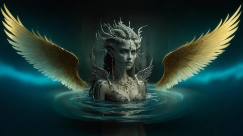 water nymph,siren,archangel,garuda,merfolk,poseidon god face,uriel,rusalka,aporia,the archangel,water creature,fantasy picture,fantasy art,ice queen,angel's tears,harpy,priestess,poseidon,angelology,mourning swan