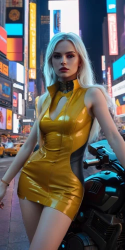 yellow jumpsuit,latex clothing,retro woman,new york taxi,latex,blonde woman,aurora yellow,yellow,yellow car,yellow taxi,retro girl,bumblebee,yellow skin,cyberpunk,blonde girl,bodysuit,yellow cab,birds of prey-night,stud yellow,fantasy woman,Female,East Asians,Braid,Youth adult,M,Confidence,Underwear,Outdoor,Times Square