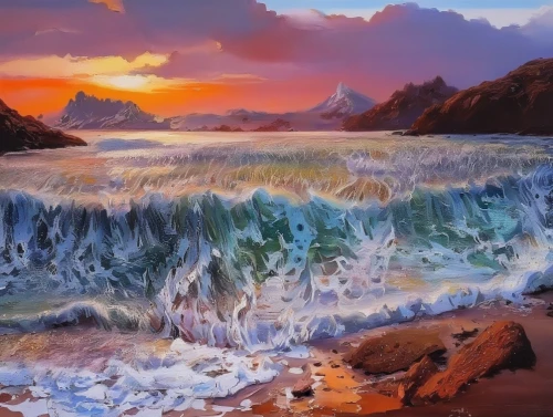 coastal landscape,sea landscape,seascape,beach landscape,landscape with sea,ocean waves,rocky coast,seascapes,tidal wave,sea water splash,cliffs ocean,underwater landscape,rocky beach,mountain beach,water waves,oil painting on canvas,sea storm,coast sunset,sea-shore,oil painting,Illustration,Paper based,Paper Based 04