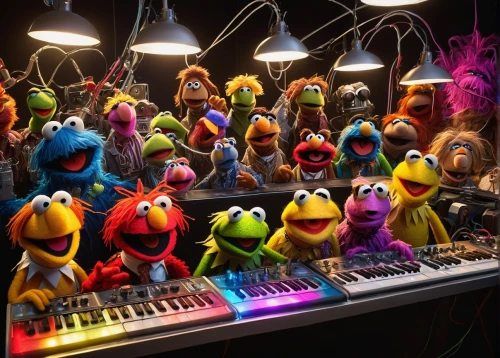 the muppets,monkeys band,puppets,sesame street,key birds,synthesizers,mixing engineer,electronic music,synthesizer,keyboard player,studio photo,mixing table,musicians,puppet theatre,musical ensemble,disc jockey,mixing desk,analog synthesizer,keyboards,audio engineer,Illustration,Realistic Fantasy,Realistic Fantasy 28