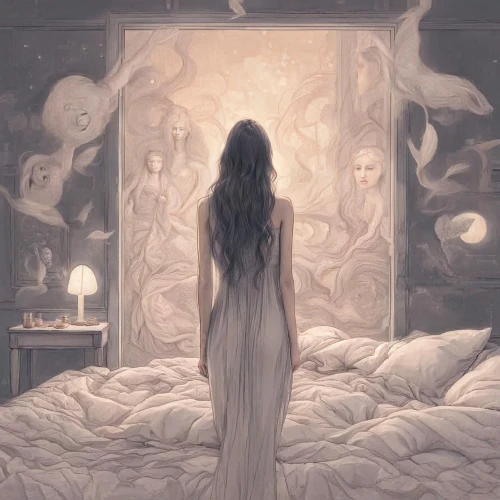 sleepwalker,mirror of souls,ghost girl,mystical portrait of a girl,psyche,insomnia,awakening,the little girl's room,nightgown,one room,the sleeping rose,apparition,the mirror,the girl in nightie,haunting,the ghost,sleepwalking,aporia,fairytales,ghosts