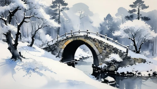 snow bridge,dragon bridge,winter landscape,snowy landscape,snow landscape,arch bridge,tied-arch bridge,snow scene,korean village snow,angel bridge,bridge arch,chinese art,stone bridge,snow drawing,devil's bridge,christmas landscape,hangman's bridge,old bridge,gapstow bridge,bridge,Art,Artistic Painting,Artistic Painting 24