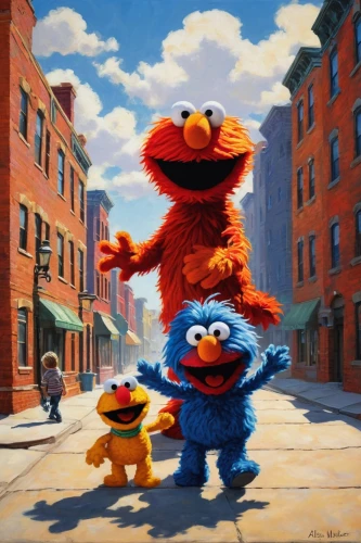 sesame street,oil painting on canvas,ernie and bert,oil on canvas,oil painting,the muppets,art painting,artists,pedestrians,painting technique,popular art,art,harlem,children's background,chalk drawing,children play,street scene,brooklyn street art,ernie,street artists,Illustration,Paper based,Paper Based 05