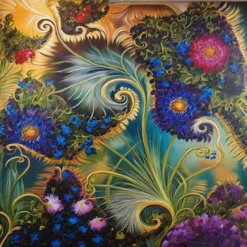 fractals art,fairy peacock,floral composition,peacock,flower painting,flora,boho art,tropical bloom,colorful tree of life,blue passion flower butterflies,pachamama,passionflower,garden of eden,psychedelic art,blue peacock,oil on canvas,tapestry,oil painting on canvas,cosmic flower,floral ornament,Illustration,Paper based,Paper Based 04