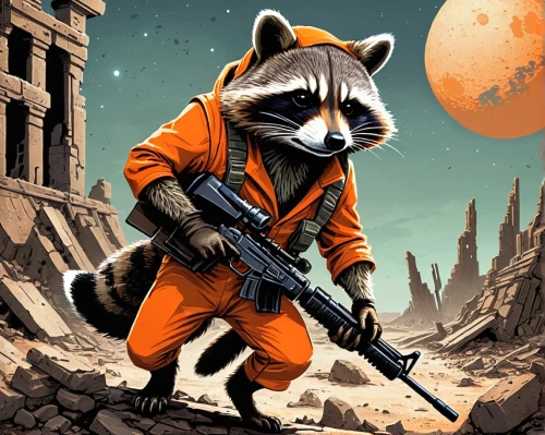 rocket raccoon,raccoons,raccoon,north american raccoon,rocket,guardians of the galaxy,badger,star-lord peter jason quill,patrols,fox hunting,sci fiction illustration,sand fox,violinist violinist of the moon,patrol,game art,mission to mars,sci fi,twitch icon,bandit theft,action-adventure game,Conceptual Art,Sci-Fi,Sci-Fi 20