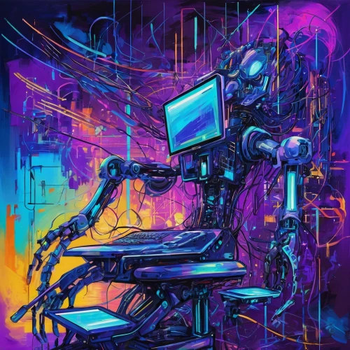 cyberpunk,cyber,robotic,man with a computer,cyberspace,cybernetics,trip computer,computer,computer art,machine,computer freak,machines,cyborg,robot,mech,automated,automation,artificial intelligence,endoskeleton,mecha,Conceptual Art,Oil color,Oil Color 20