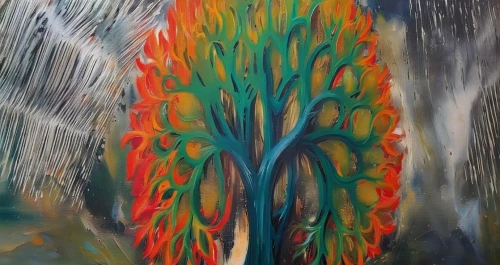 painted tree,flourishing tree,indigenous painting,colorful tree of life,glass painting,burning tree trunk,oil on canvas,khokhloma painting,tree torch,bird of paradise,cockspur coral tree,peacock,regenerative,abstract painting,peacock feathers,pachamama,eucalyptus,burning bush,pillar of fire,pitahaja,Illustration,Paper based,Paper Based 04