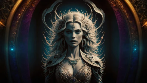 priestess,sorceress,blue enchantress,horn of amaltheia,zodiac sign libra,mirror of souls,dark elf,the enchantress,elven,medusa,celtic queen,fantasy portrait,aurora-falter,virgo,gorgon,zodiac sign gemini,shiva,maiden,star mother,jaya