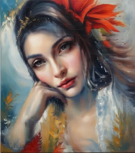 romantic portrait,fantasy portrait,oil painting,girl portrait,oil painting on canvas,girl in flowers,portrait of a girl,young woman,woman portrait,mystical portrait of a girl,art painting,boho art,girl in a wreath,italian painter,flower painting,radha,flora,beautiful girl with flowers,geisha,photo painting,Illustration,Paper based,Paper Based 04