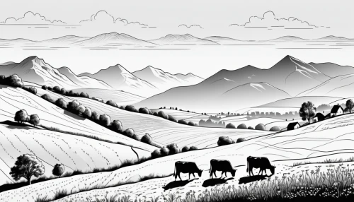 mountain cows,mountain pasture,alpine pastures,mountain scene,goatherd,qinghai,rural landscape,farm landscape,salt meadow landscape,mountainous landscape,xinjiang,inner mongolia,pasture,the mongolian and russian border mountains,mountain landscape,gobi desert,the mongolian-russian border mountains,mountain meadow hay,livestock farming,shaanxi province,Illustration,Black and White,Black and White 04
