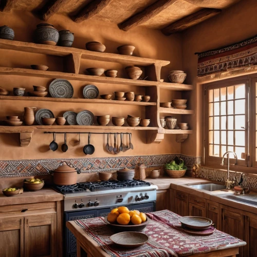 tile kitchen,vintage kitchen,kitchen interior,victorian kitchen,kitchen design,kitchen,the kitchen,big kitchen,terracotta tiles,rustic,chefs kitchen,kitchenware,stone oven,ceramic hob,russian folk style,dish storage,rustic potato,copper cookware,spanish tile,masonry oven