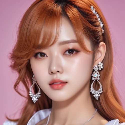 doll's facial features,peach color,earrings,princess' earring,official portrait,solar,porcelain doll,peach rose,seo,pink beauty,barbie doll,rosie,portrait background,peach,songpyeon,earring,yeonsan hong,mandu,pink background,joy,Photography,General,Realistic