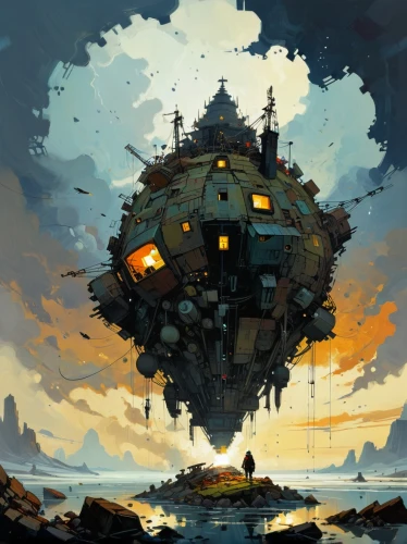 floating island,airship,airships,floating huts,floating islands,ship wreck,island suspended,mushroom island,studio ghibli,round hut,air ship,flying island,little planet,tree house,artificial island,treehouse,sunken ship,diving bell,world digital painting,small planet,Conceptual Art,Sci-Fi,Sci-Fi 01