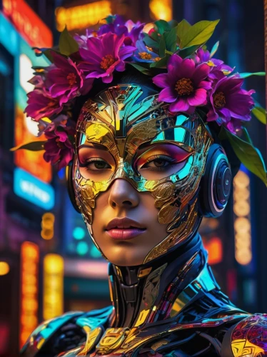 cyberpunk,valerian,masquerade,retro flowers,girl in flowers,flora,cyborg,colorful floral,widow flower,tropical bloom,beautiful girl with flowers,pollinate,neon body painting,floral,pollinator,flower girl,flower stand,avatar,petals,flower strips,Photography,Artistic Photography,Artistic Photography 08