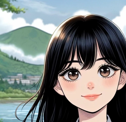 a girl's smile,anime cartoon,yamada's rice fields,yuanyang,the girl's face,maimi fl,japanese background,anime 3d,cute cartoon character,gondola,hong,sanya,shochikuume,anime girl,doll's facial features,oriental girl,portrait background,aomoriya,japanese sakura background,himuto