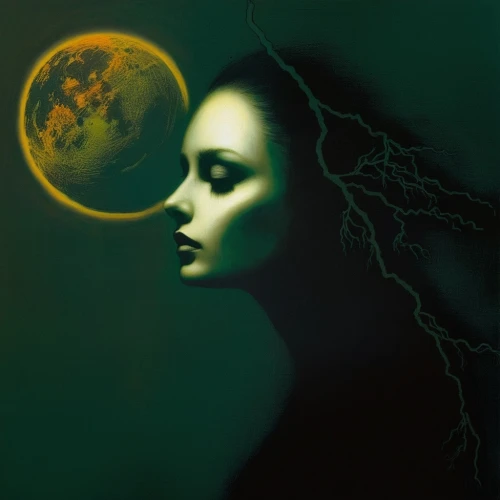 heliosphere,dryad,moonflower,phase of the moon,oil painting on canvas,venus,celestial body,queen of the night,mystical portrait of a girl,the enchantress,equilibrium,woman thinking,celestial bodies,sci fiction illustration,solar wind,medusa,moonbeam,mother earth,moonlit,eclipse,Illustration,Realistic Fantasy,Realistic Fantasy 29