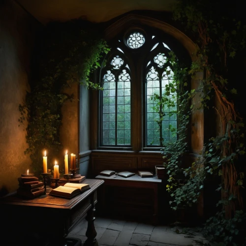 dandelion hall,witch's house,candlemaker,candlelights,crypt,wayside chapel,the threshold of the house,witch house,sanctuary,apothecary,forest chapel,hobbiton,candlelight,interiors,gothic style,hogwarts,a fairy tale,wooden windows,the window,wishing well,Art,Classical Oil Painting,Classical Oil Painting 09