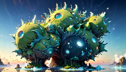 cuthulu,water creature,kraken,coral guardian,floating island,argus,sunroot,mushroom island,dragon tree,bulbasaur,floating islands,game illustration,apiarium,druid stone,god of the sea,cynorhodon,sea god,concept art,symbiotic,ori-pei,Anime,Anime,Realistic