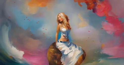 girl with a dolphin,girl in a long dress,world digital painting,digital painting,the blonde in the river,girl in a long,fantasy art,palomino,mystical portrait of a girl,mermaid background,painted horse,fantasy portrait,carousel horse,white horse,fantasy woman,fantasy picture,centaur,painterly,girl on the river,siren,Illustration,Paper based,Paper Based 04