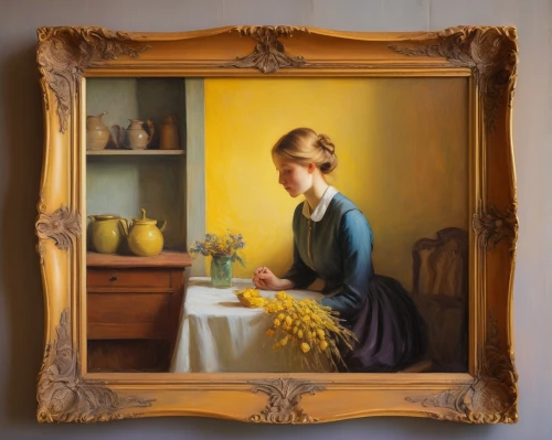girl with cereal bowl,girl with bread-and-butter,girl in the kitchen,woman holding pie,girl studying,woman eating apple,woman drinking coffee,girl at the computer,holding a frame,portrait of a girl,woman sitting,meticulous painting,artist portrait,painting technique,child portrait,kraft,girl sitting,girl with cloth,yellow mustard,painting,Art,Classical Oil Painting,Classical Oil Painting 20