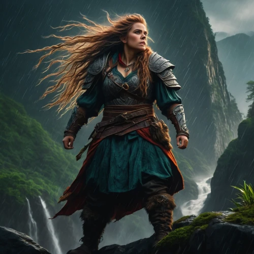 monsoon banner,female warrior,heroic fantasy,fjord,wind warrior,dwarf sundheim,norse,fantasy picture,the enchantress,the wanderer,celtic queen,fantasy portrait,warrior woman,cg artwork,massively multiplayer online role-playing game,fantasy art,merida,fantasy woman,mountain guide,game art,Photography,General,Fantasy