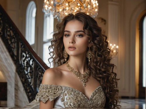 miss circassian,victorian lady,hallia venezia,elegant,venetia,bridal jewelry,rapunzel,isabella,rococo,victorian style,ornate,elegance,paloma perdiz,persian,curly brunette,tiana,cinderella,celtic queen,romantic look,rosa curly,Illustration,Retro,Retro 25