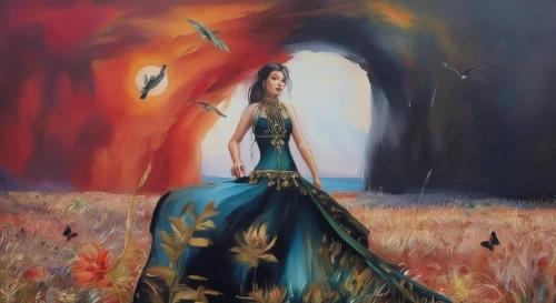 girl in a long dress,fantasy picture,fantasy art,fantasy woman,celtic queen,miss circassian,fantasy portrait,warrior woman,cinderella,world digital painting,khokhloma painting,dead bride,art painting,rosa ' amber cover,dance of death,sorceress,oil painting on canvas,scythe,the enchantress,hoopskirt,Illustration,Paper based,Paper Based 04