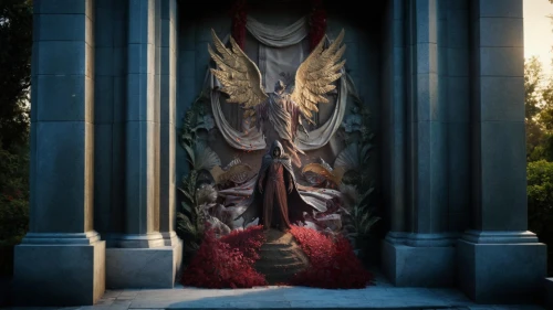 angel statue,hall of the fallen,fallen angel,guardian angel,weeping angel,the angel with the cross,angel of death,mausoleum,archangel,the statue of the angel,the door,angel,church door,resurrection,sepulchre,shrine,angelology,angel playing the harp,the archangel,goddess of justice