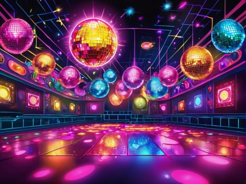 disco,prism ball,nightclub,disco ball,ufo interior,mobile video game vector background,cartoon video game background,3d background,mirror ball,pinball,christmas balls background,colored lights,spheres,ballroom,rave,cyberspace,epcot ball,party lights,scene cosmic,backgrounds,Illustration,Realistic Fantasy,Realistic Fantasy 38