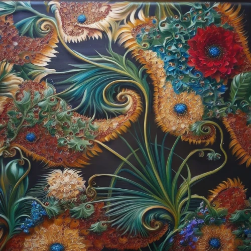 floral composition,floral ornament,tapestry,floral rangoli,floral border,wall panel,flower painting,flora,oil on canvas,art nouveau,floral decorations,khokhloma painting,boho art,ceramic tile,kimono fabric,oil painting on canvas,thai pattern,floral pattern,spanish tile,rangoli,Illustration,Paper based,Paper Based 04