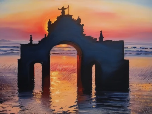 sea shore temple,triumphal arch,victory gate,archway,half arch,tori gate,el arco,sand art,watercolour frame,round arch,three point arch,oil painting on canvas,gateway,art painting,rock gate,watercolor frame,oil painting,arco,sand castle,indian art,Illustration,Paper based,Paper Based 04