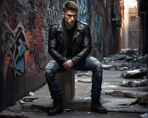 leather jacket,leather boots,leather,black city,black leather,rocker,trespassing,alleyway,dean razorback,bodie,leather shoes,brick wall background,daemon,leather shoe,men's wear,jack rose,alley,rockabilly style,male model,photo session in torn clothes,Illustration,Realistic Fantasy,Realistic Fantasy 17