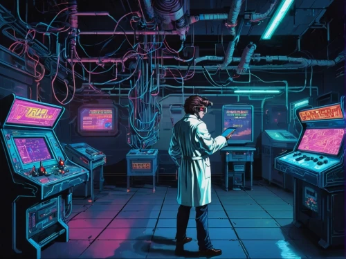 cyberpunk,sci fi surgery room,laboratory,cyber,lab,sci fiction illustration,scientist,cyberspace,computer room,cyber glasses,connections,cybernetics,science fiction,researcher,man with a computer,voltage,game illustration,scifi,computer,science-fiction,Unique,Pixel,Pixel 04