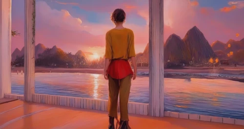 girl in a long,girl in a long dress from the back,standing man,man in red dress,girl in a long dress,girl walking away,surrealism,overlook,woman hanging clothes,woman thinking,summer evening,yellow sky,elongated,distant vision,house silhouette,world digital painting,mulan,stilt,to be alone,woman's legs,Illustration,Paper based,Paper Based 04